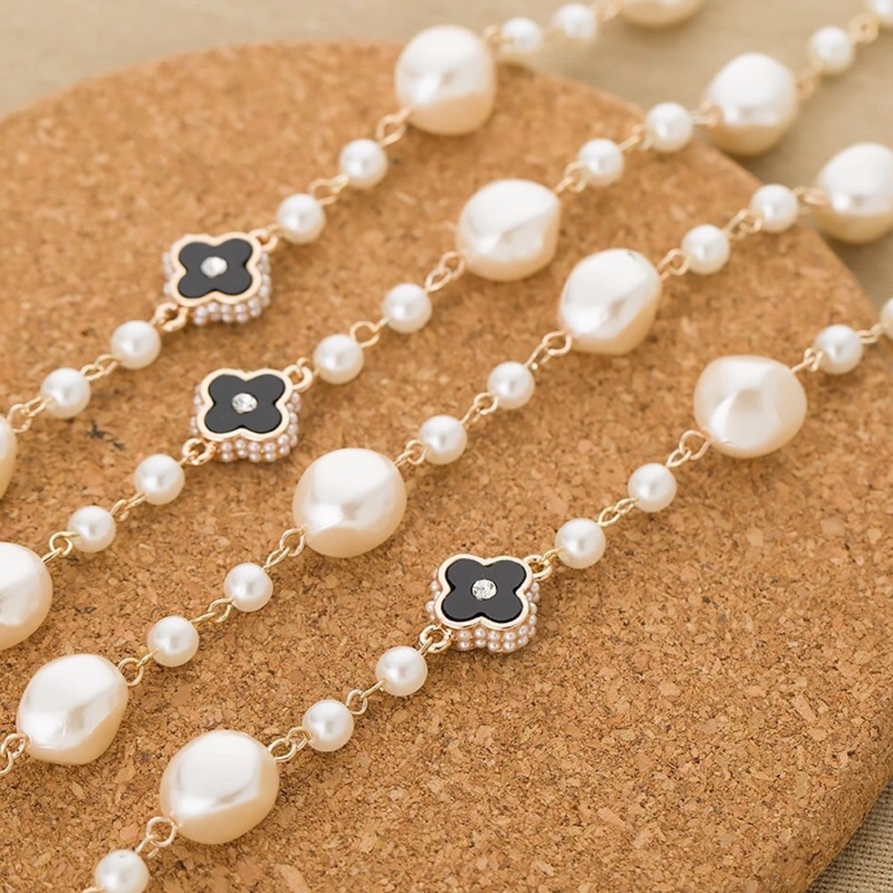 Designer style long pearl  and clover necklace